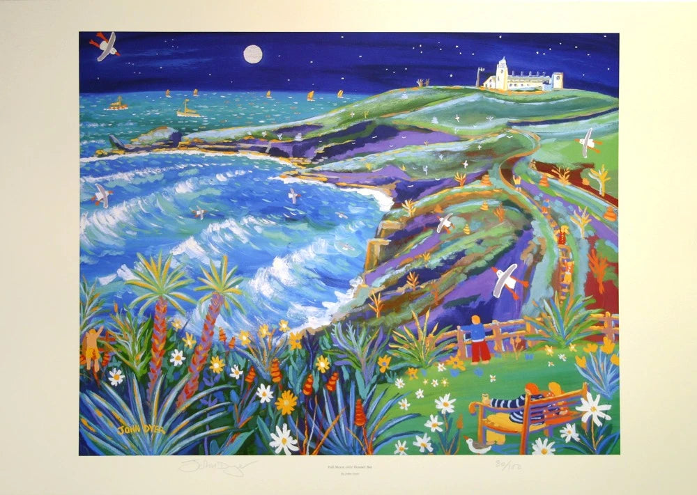 Limited Edition Print by Cornish Artist John Dyer. 'Full Moon over Housel Bay'. Lizard Lighthouse, Cornwall. John Dyer