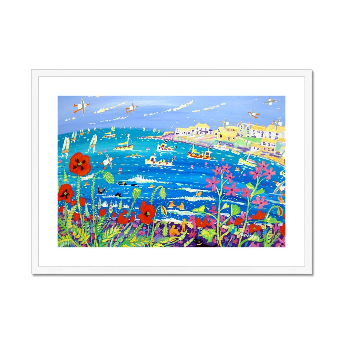 John Dyer Framed Open Edition Coastal Cornish Fine Art Print. 'Pretty Poppies and Crazy Campion, Coverack' John Dyer