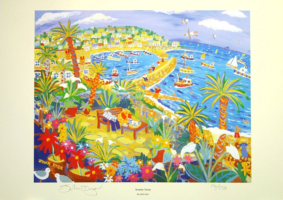 Limited Edition Print by Cornish Artist John Dyer. 'Teatime Treats, Mousehole'. Cornwall Art Gallery Print John Dyer