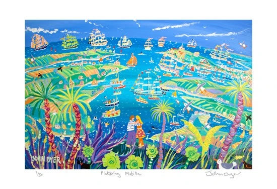 Signed Limited Edition Tall Ships Print by Cornish Artist John Dyer. 'Fluttering Flotilla'. Cornwall Art Print John Dyer