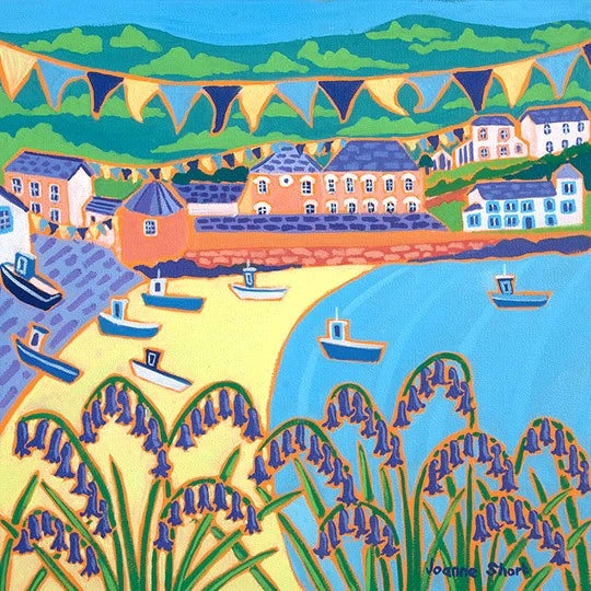 Original painting by Joanne Short. Bluebells and Bunting, Port Isaac. 12 x 12 inches oil on canvas Joanne Short