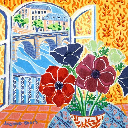 Original painting by Joanne Short. Anemones overlooking La Seine Paris. 12 x 12 inches oil on canvas Joanne Short