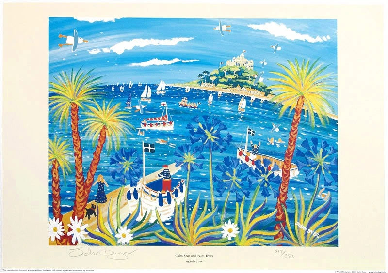 Limited Edition Print by Cornish Artist John Dyer. 'Calm Seas and Palm Trees, St Michael's Mount'. Cornwall Art Gallery Print John Dyer