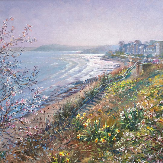 Original Oil Painting on Canvas. Blackthorn and Daffodils. Castle Drive. Castle Beach, Falmouth. By British Artist Ted Dyer.