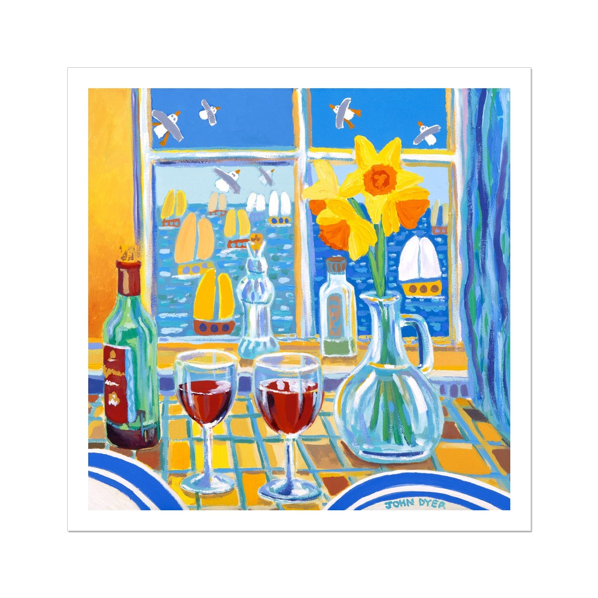 John Dyer Fine Art Print. Open Edition Still Life Cornish Art Print. 'Red Wine and Daffodils'. Cornwall Art Gallery