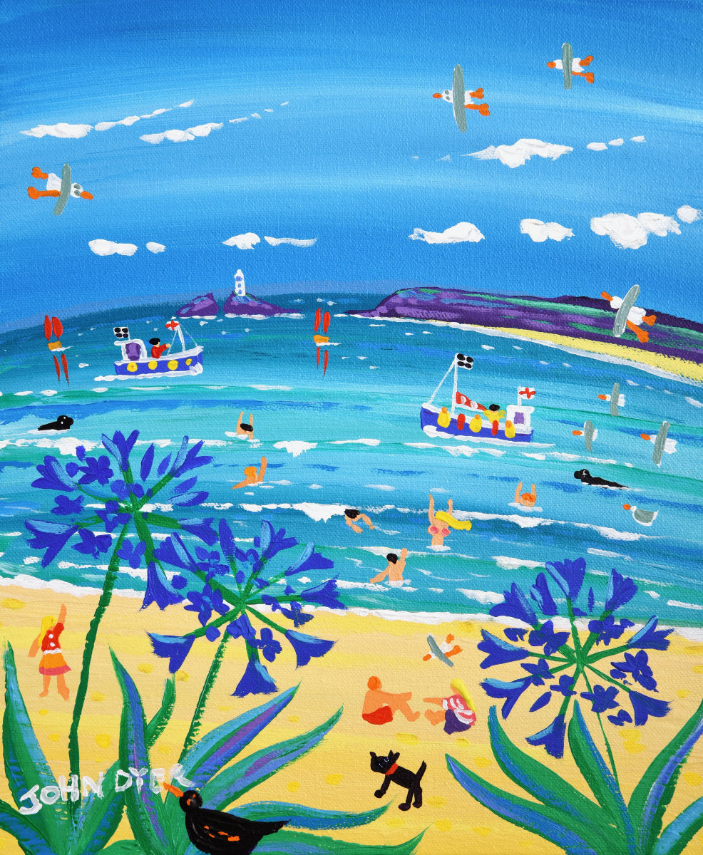 'Agapanthus Days, Carbis Bay', 12x10 inches acrylic on canvas. Cornwall Painting by Cornish Artist John Dyer. Cornish Art from our Cornwall Art Gallery
