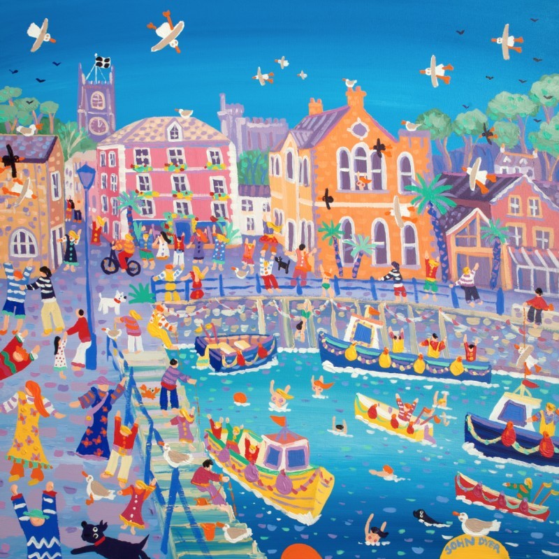Signed Limited Edition Print by Cornish Artist John Dyer. 'Happy Holidays, Fowey'. Cornwall Art Gallery Print