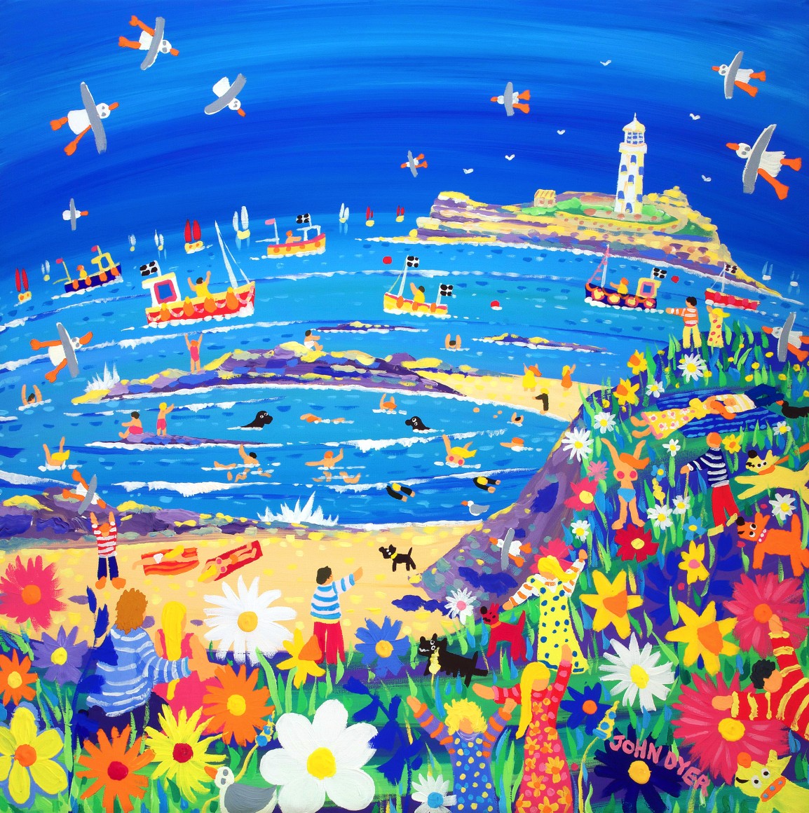 Limited Edition Print by Cornish Artist John Dyer. 'Spring Fun, Godrevy Lighthouse'. Cornwall Art Gallery Print