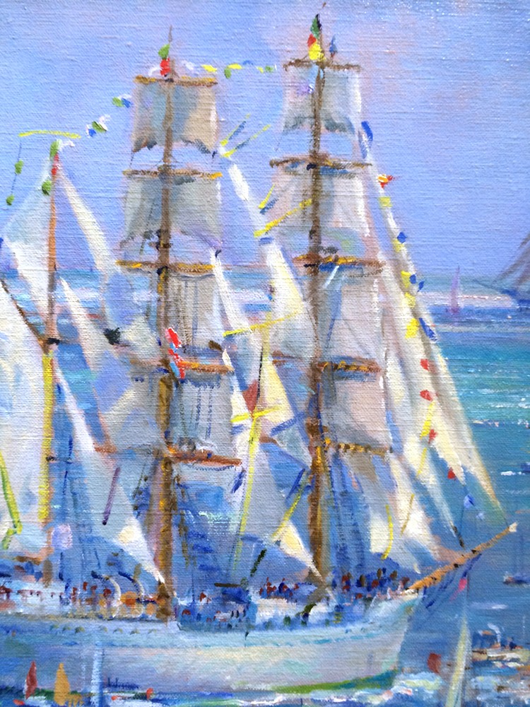 Original Oil Painting. Sunlight on the Sails, Falmouth Tall Ships Regatta. By Ted Dyer.