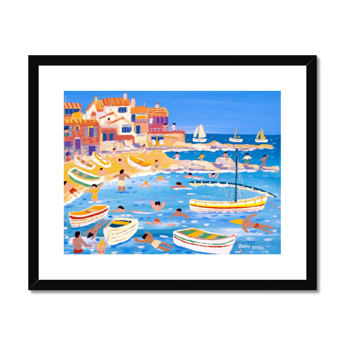 John Dyer Framed Open Edition Cornish Fine Art Print. 'White Washed Buildings on the Beach, Calella, Spain'. Cornwall Art Gallery