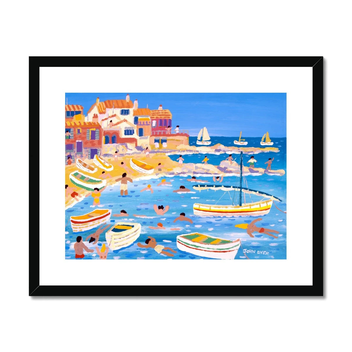 John Dyer Framed Open Edition Cornish Fine Art Print. 'White Washed Buildings on the Beach, Calella, Spain'. Spanish Art Gallery John Dyer