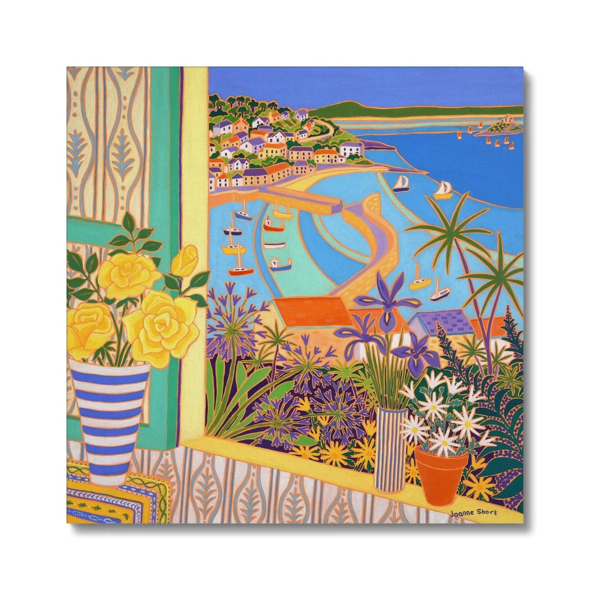 Roses in the Window, Mousehole. Cornish Garden and Coastal Still Life Canvas Art Print by Joanne Short