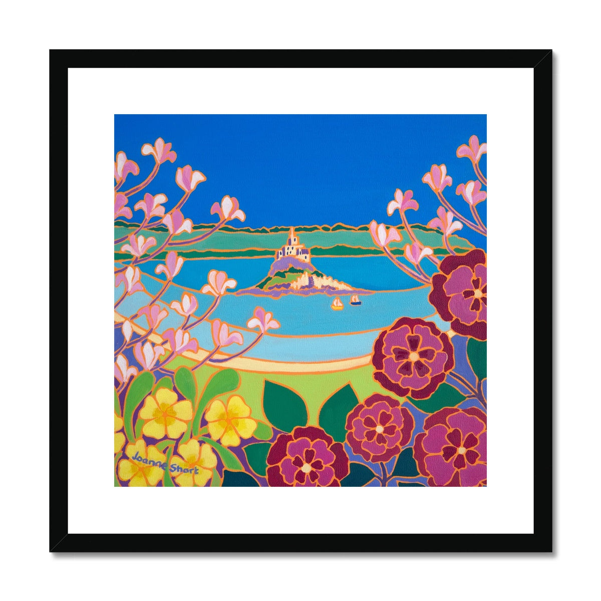 Joanne Short Framed Open Edition Cornish Fine Art Print. 'View through the Magnolias, St Michael's Mount'. Cornwall Art Gallery