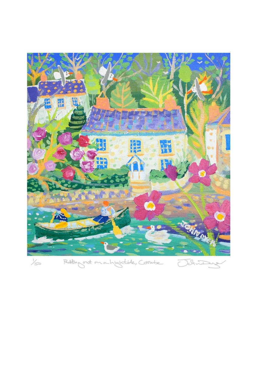 Limited Edition Print by Cornish Artist John Dyer. 'Paddling out on a High Tide, Coombe, Truro'. Cornwall Art Gallery print featuring a canoe on the river