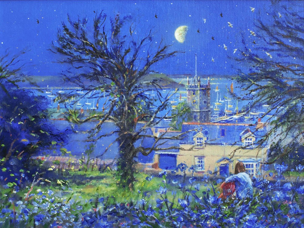 Original Oil Painting on Canvas. Moonlight over the Church, Falmouth. By British Artist Ted Dyer. Ted Dyer