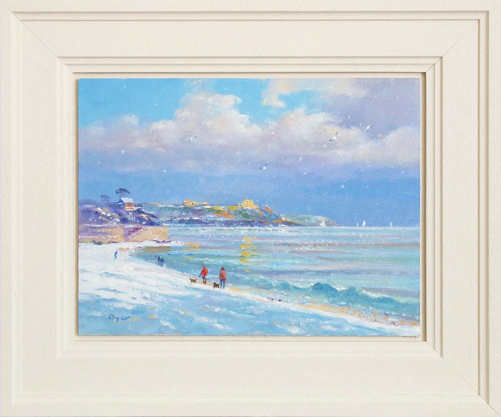 Bright Light on the Snow. Gyllyngvase Beach. Original oil Painting by Artist Ted Dyer