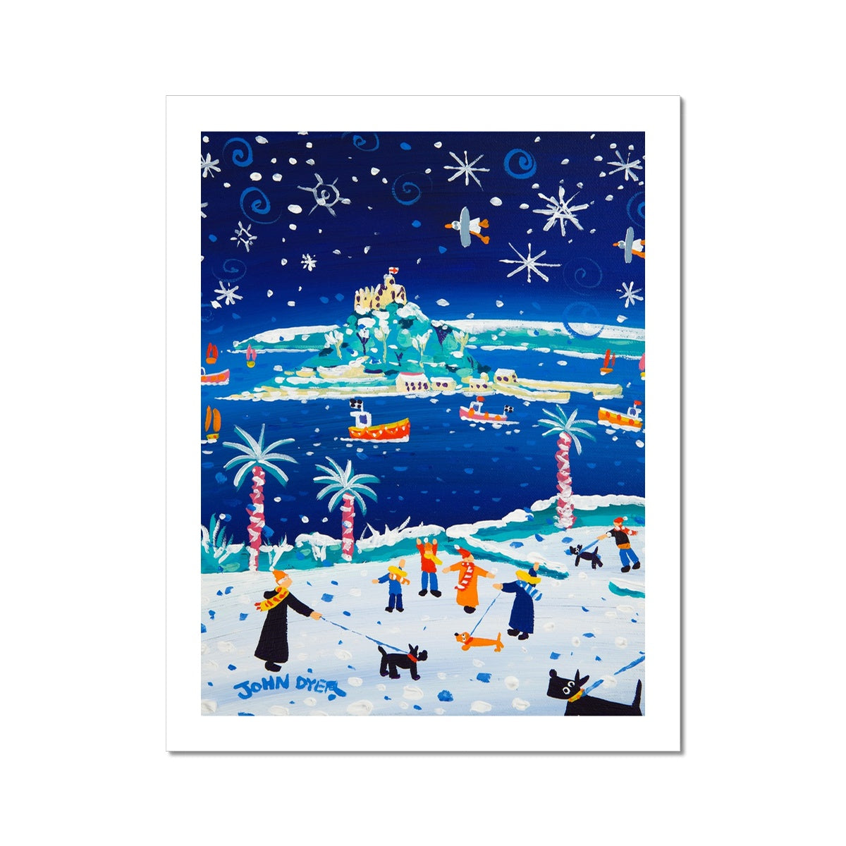 John Dyer Fine Art Print. Open Edition Cornish Art Print. 'Snowy Walkies, St Michael's Mount'. Cornwall Art Gallery