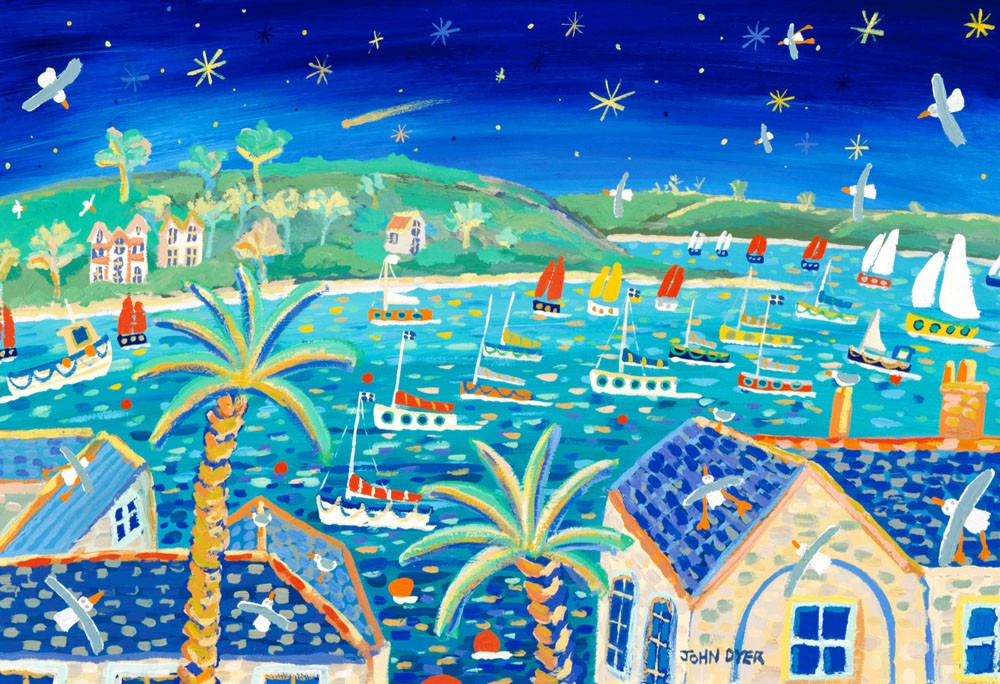 Limited Edition Print by Cornish Artist John Dyer. 'Sailing Beneath the Comet. Hale Bopp Comet, Falmouth'. Cornwall Art Gallery Print