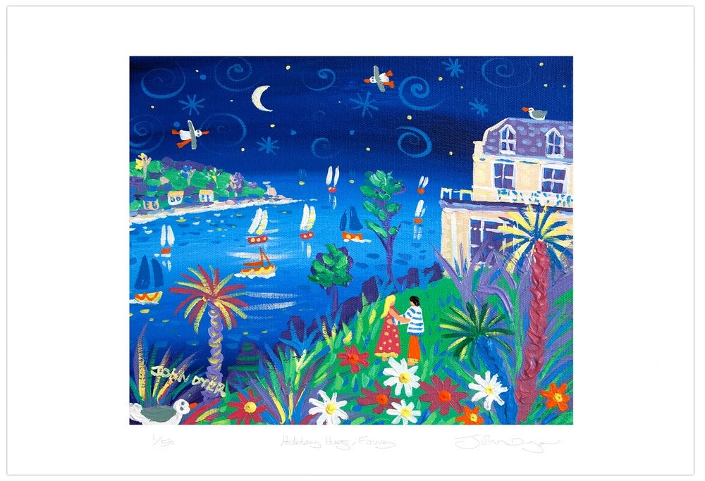 Limited Edition Print by Cornish Artist John Dyer. 'Holiday Hugs, Fowey'. Cornwall Art Gallery. John Dyer