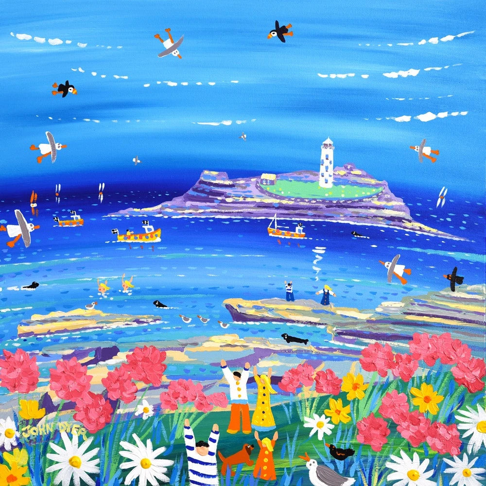John Dyer Painting. Seapinks and Sunshine, Godrevy, Cornwall. John Dyer