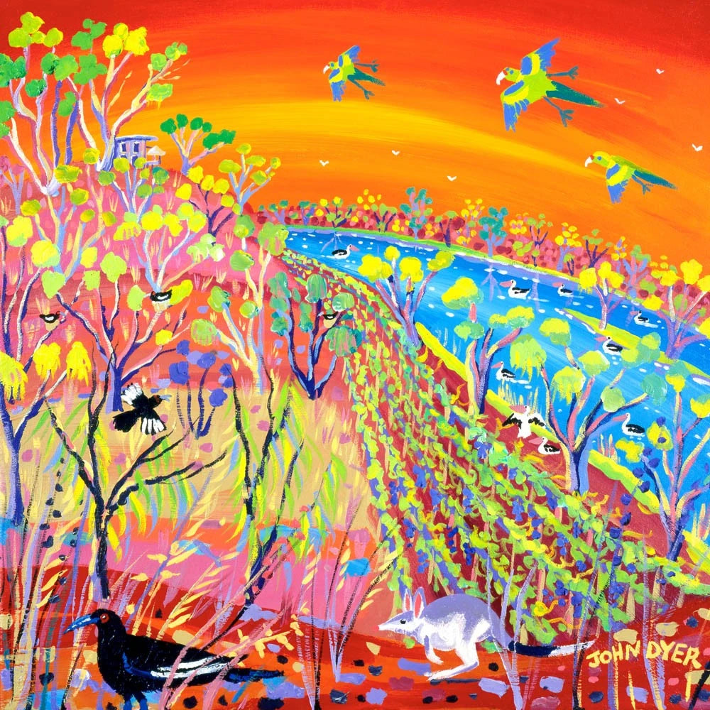 Limited Edition Australian Art Print by John Dyer. Wetland Wildlife. Banrock Station Wine Sunset Australia. Animal Art Prints John Dyer