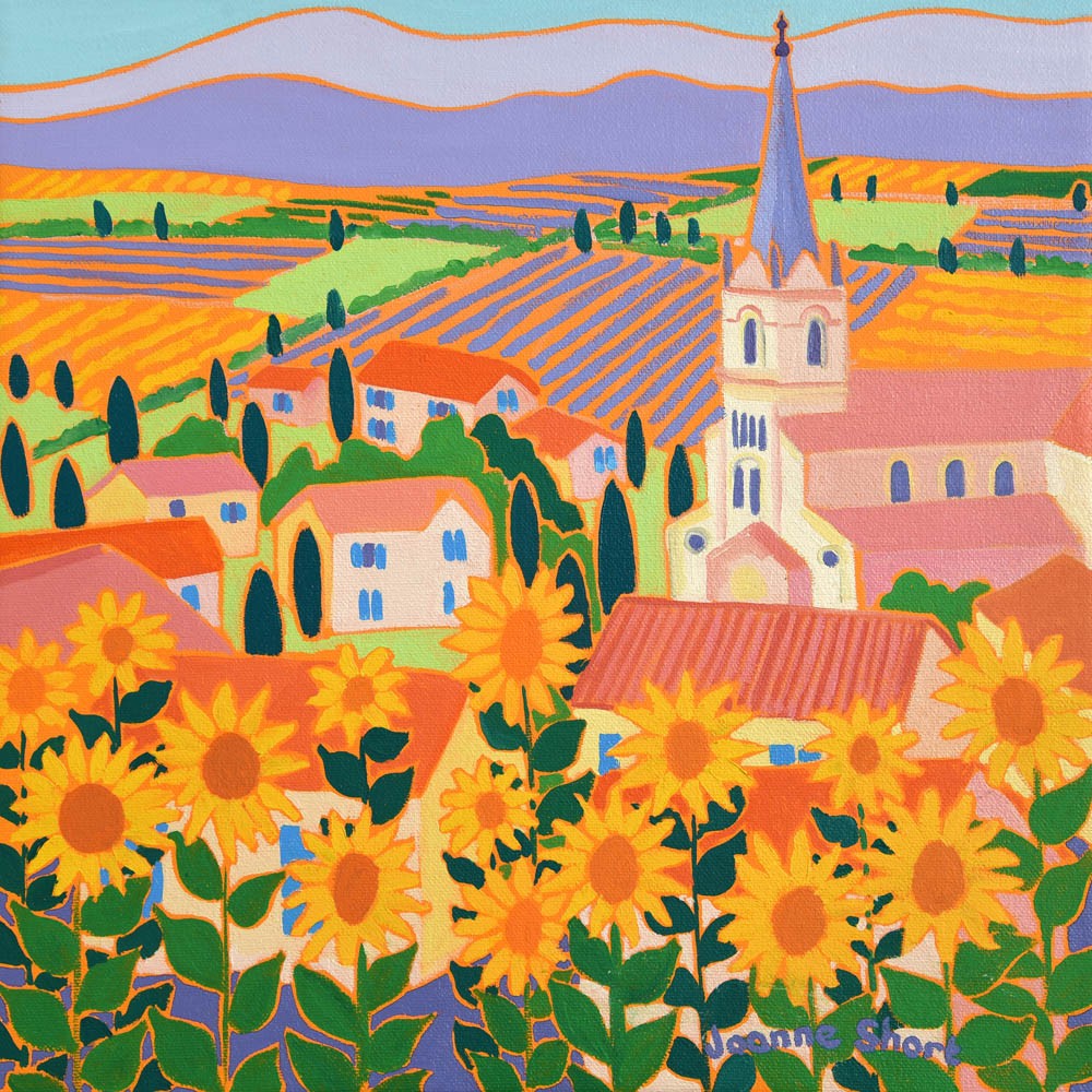Original painting by Joanne Short. View through the Sunflowers, Bonnieux, Provence. Joanne Short