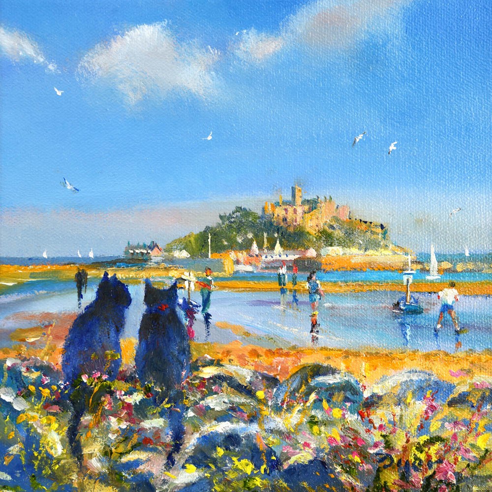 Lucky Black Cats at the Match, St Michael's Mount. By British Artist Ted Dyer. Original Oil Painting on Canvas. Ted Dyer