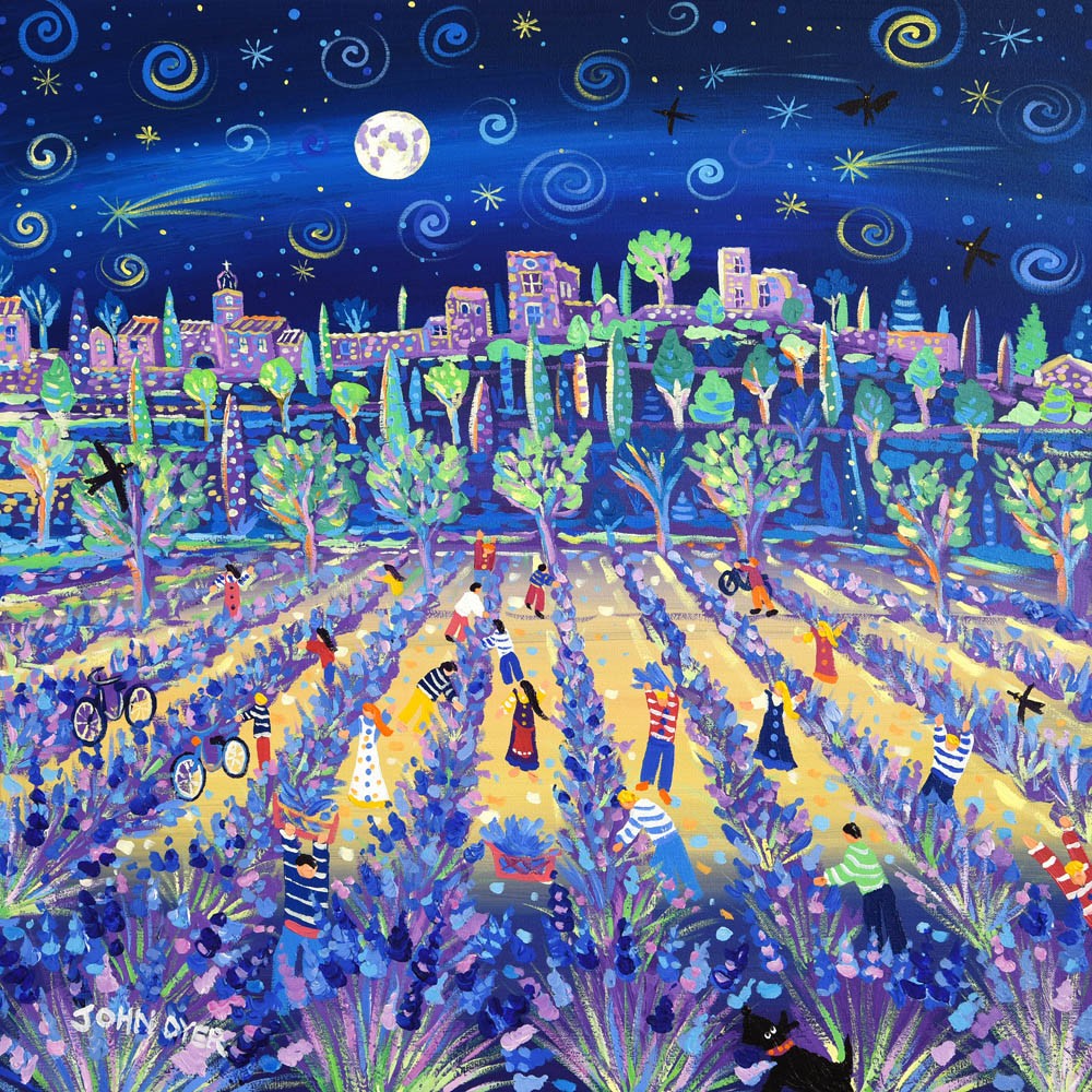 Original Painting by John Dyer. Moonlit Lavender Pickers, Ménerbes, Provence. John Dyer