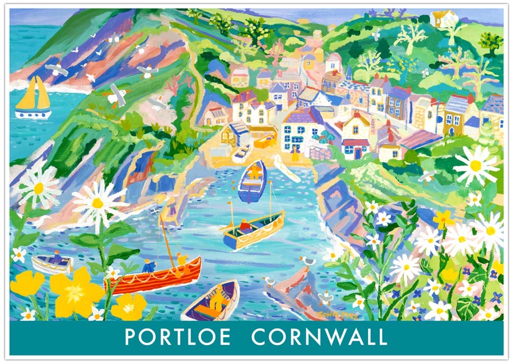 A vintage style fine art wall poster print of the fishing village of Portloe in Cornwall by artist John Dyer. Painted from the 'flag staff' the print features the view from above Portloe and takes in the village and the many fishing boats heading back to the beach. Moon daisies and buttercups fill the foreground. This is a delightful vintage style art poster print from Cornwall's best loved artist. The print is available framed and unframed in a wide variety of sizes.