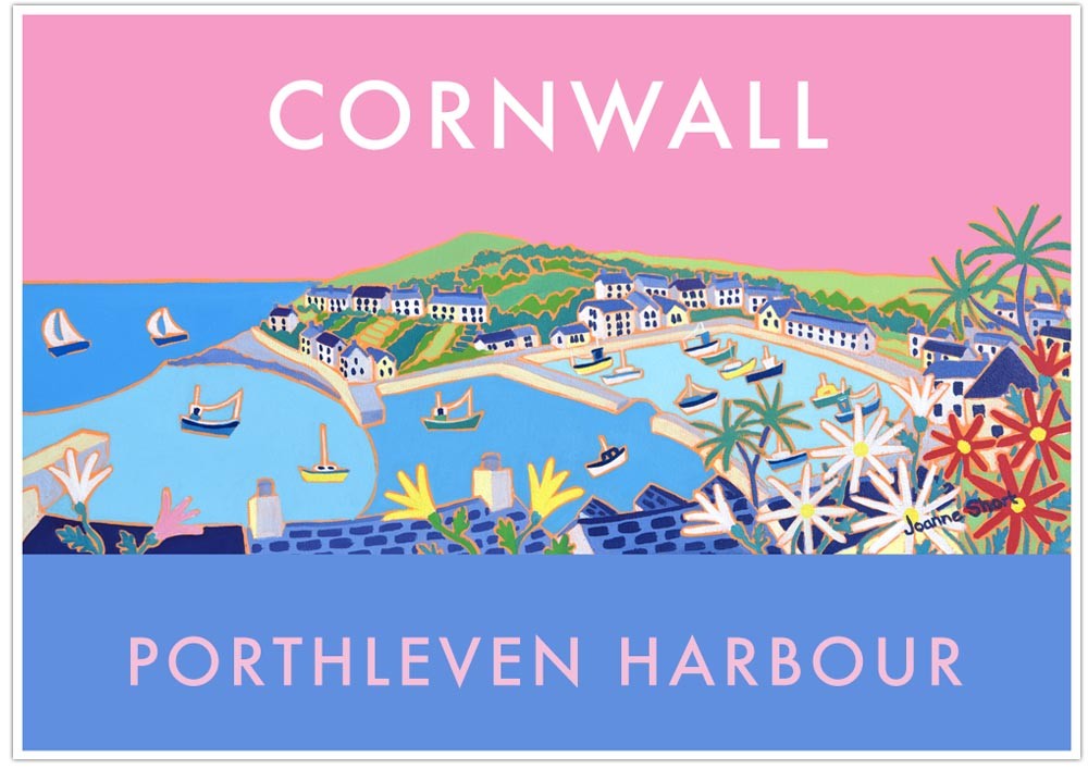 Porthleven Harbour Art Prints of Cornwall by Cornish Artist Joanne Short. Vintage Style Poster Print Art for Homes. Cornwall Art Gallery