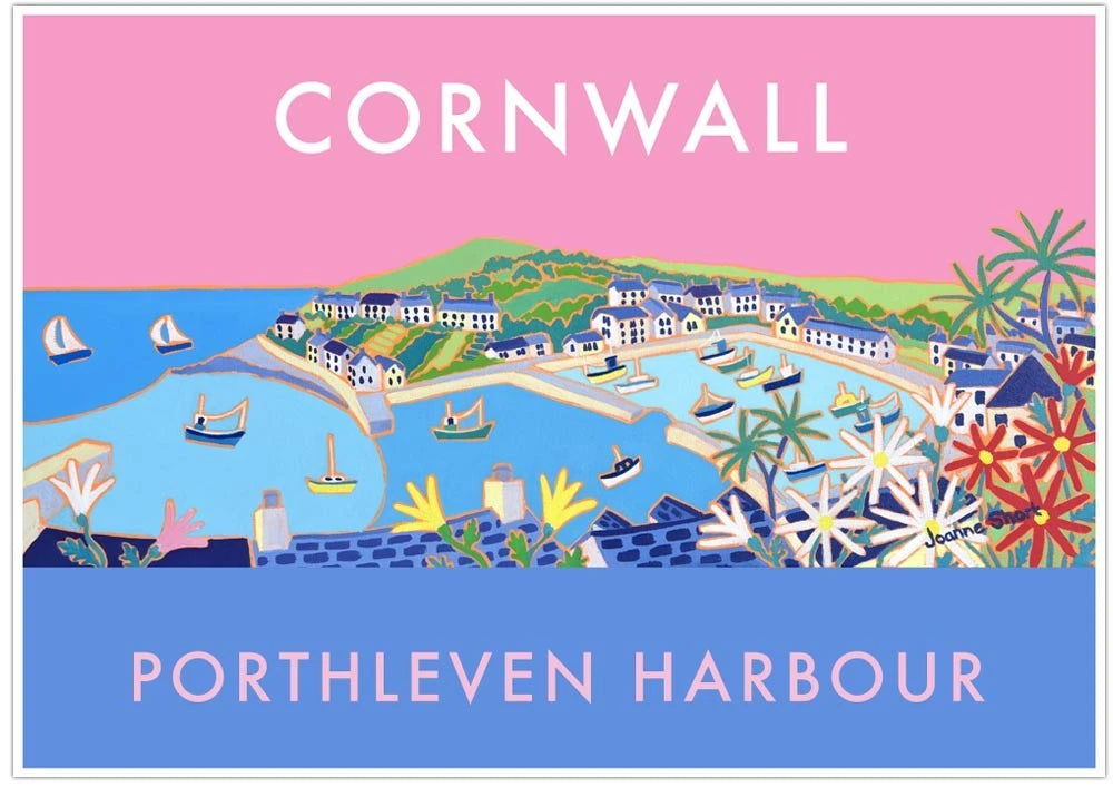 Porthleven Harbour Art Prints of Cornwall by Cornish Artist Joanne Short. Vintage Style Poster Print Art for Homes. Cornwall Art Gallery Joanne Short