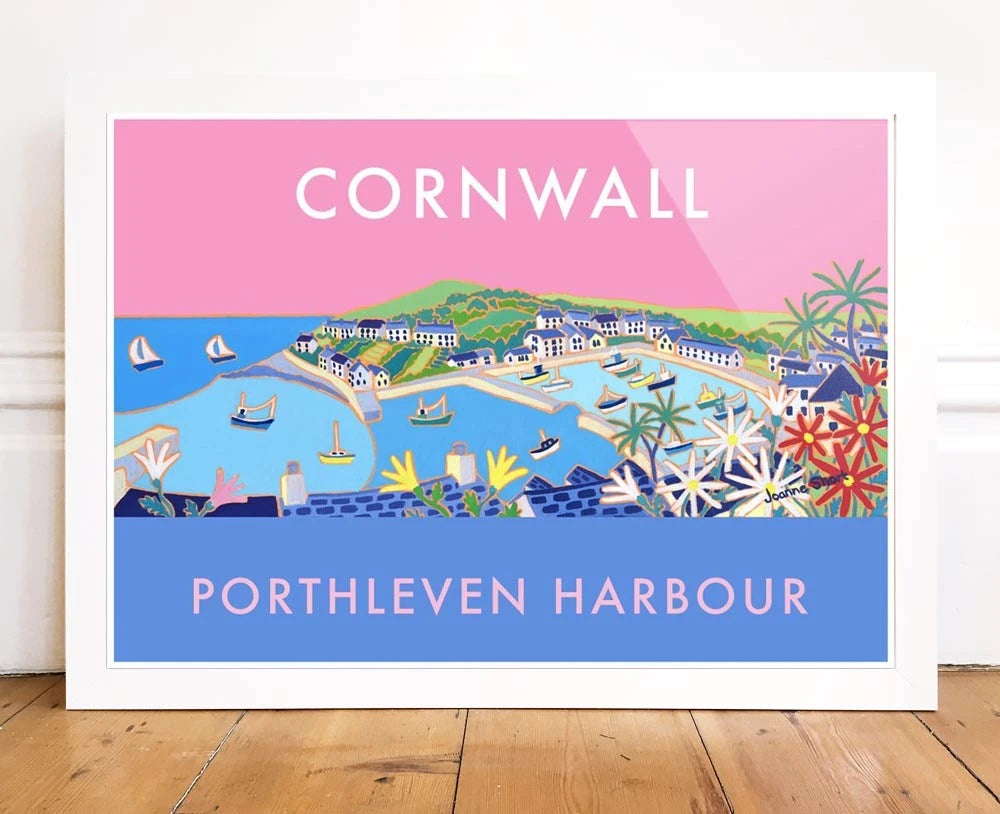 Porthleven Harbour Art Prints of Cornwall by Cornish Artist Joanne Short. Vintage Style Poster Print Art for Homes. Cornwall Art Gallery Joanne Short