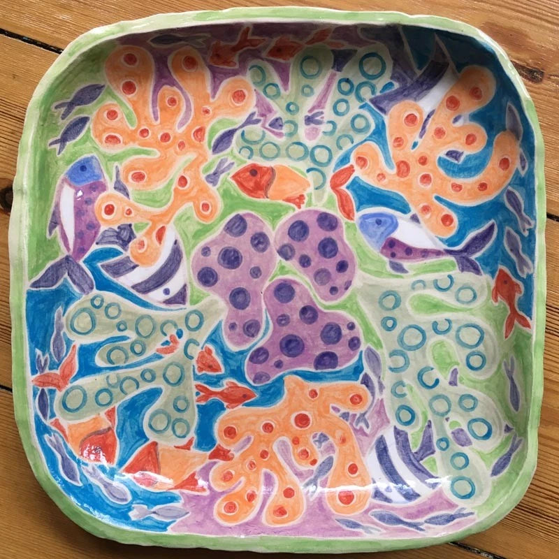 Cornish fish square ceramic plate by artist Joanne Short. Joanne Short
