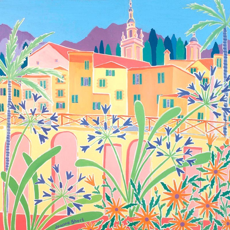 Original Painting by Joanne Short. 'Agapanthus in the Old Town, Menton, France'. 24 x 24 inches oil on canvas