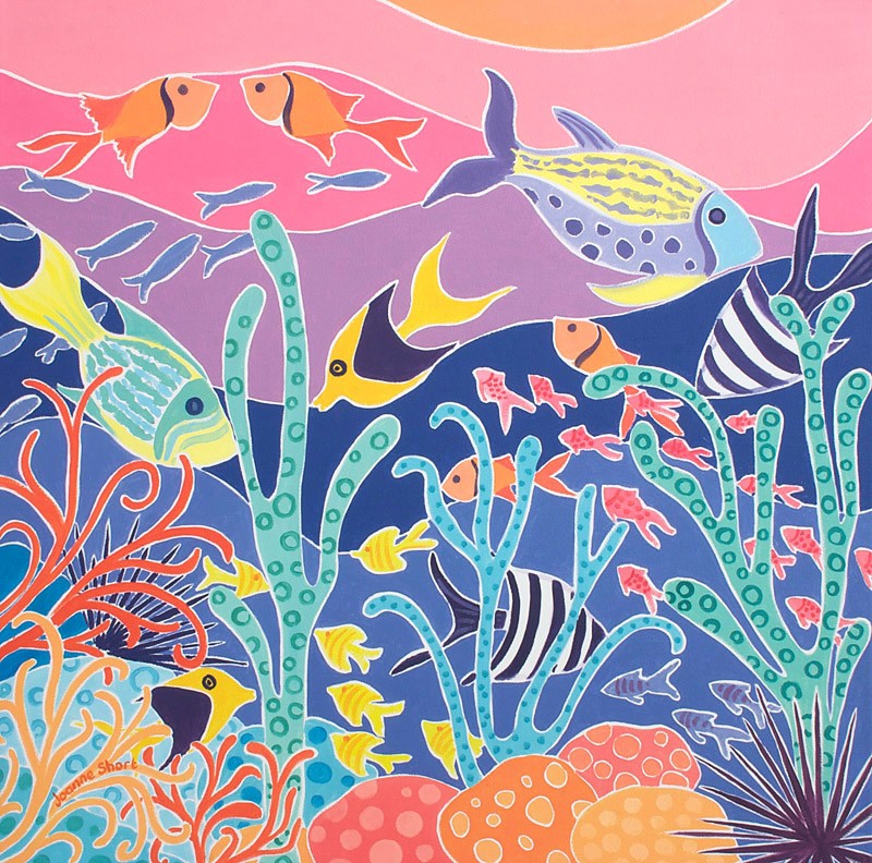 Original Painting by Joanne Short. 'Stripy Swimmers', Tropical Fish Musée Océanographique Monaco. 24 x 24 inches oil on canvas