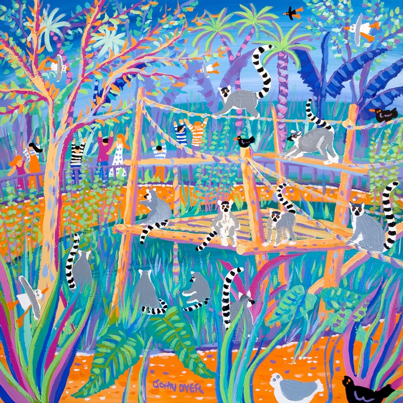 Original Painting. Huggable Loveable Lemurs. Newquay Zoo. Darwin 200 Official Painting by artist in residence John Dyer.
