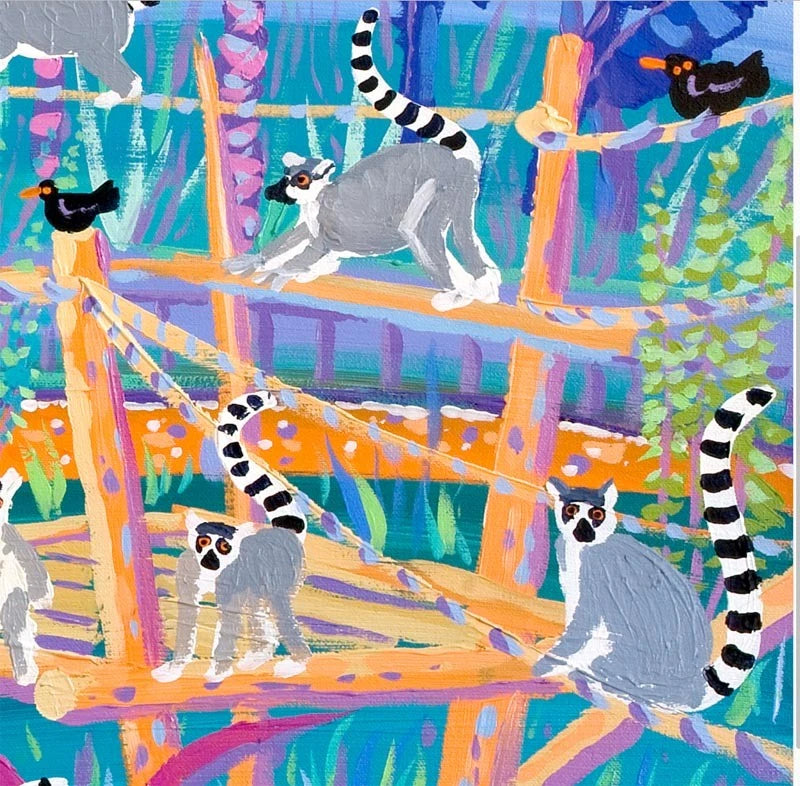 Original Painting. Huggable Loveable Lemurs. Newquay Zoo. Darwin 200 Official Painting by artist in residence John Dyer. John Dyer
