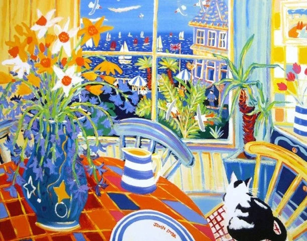 Limited Edition Cat Print by Cornish Artist John Dyer. 'On Holiday at Home'. Cornwall Art Gallery Print John Dyer
