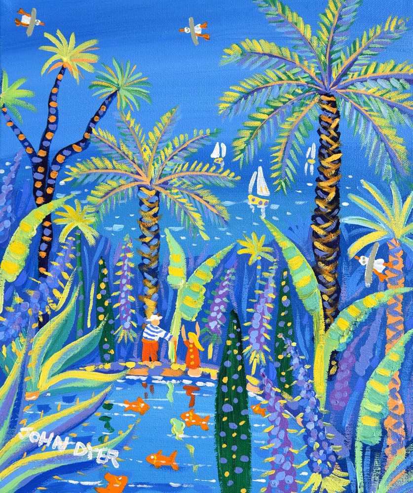 John Dyer Painting. Waving at the Goldfish, Tresco Abbey Garden, Cornwall. John Dyer