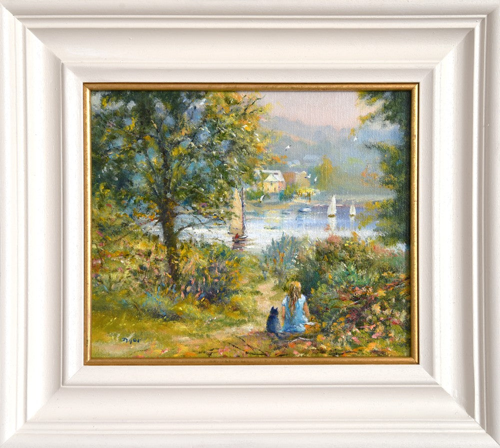 Original Painting by Ted Dyer. Watching the Boats with Charlie, Helford Passage.