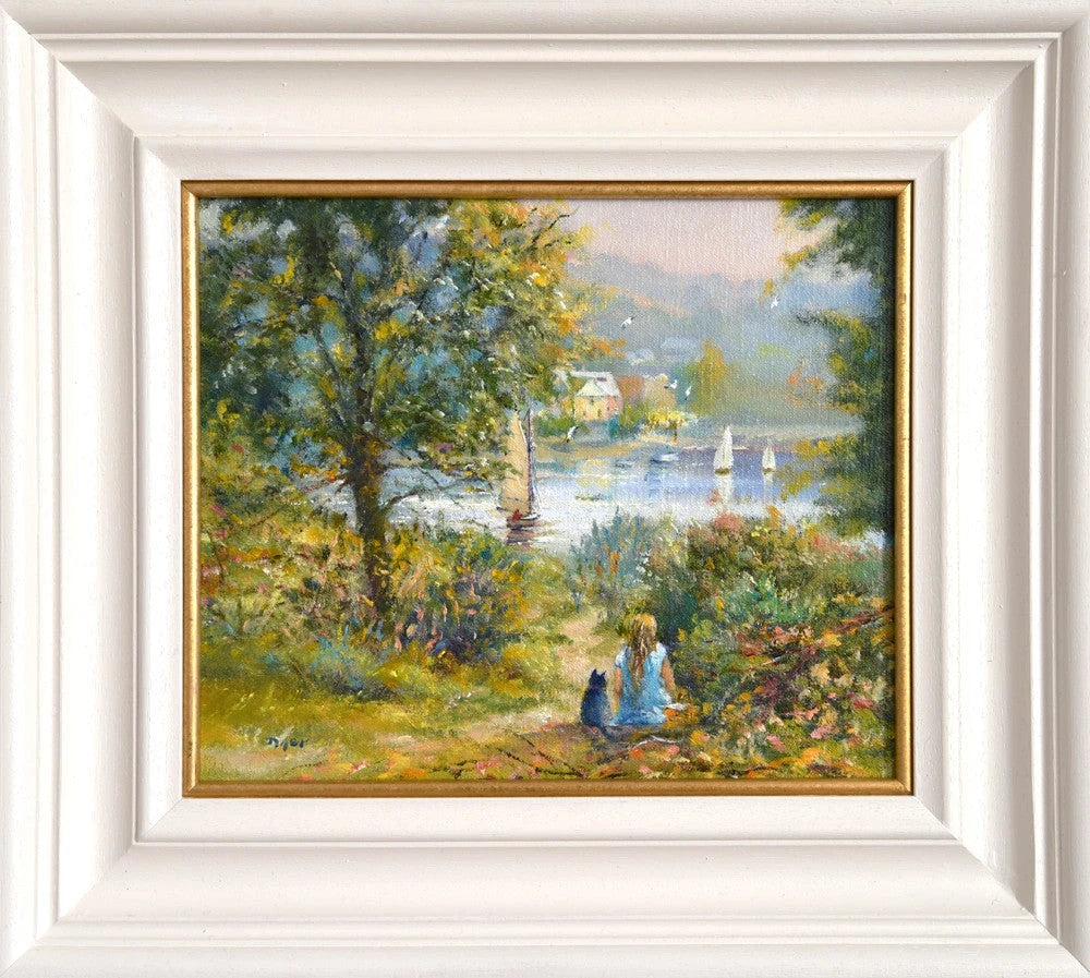 Original Painting by Ted Dyer. Watching the Boats with Charlie, Helford Passage. Ted Dyer