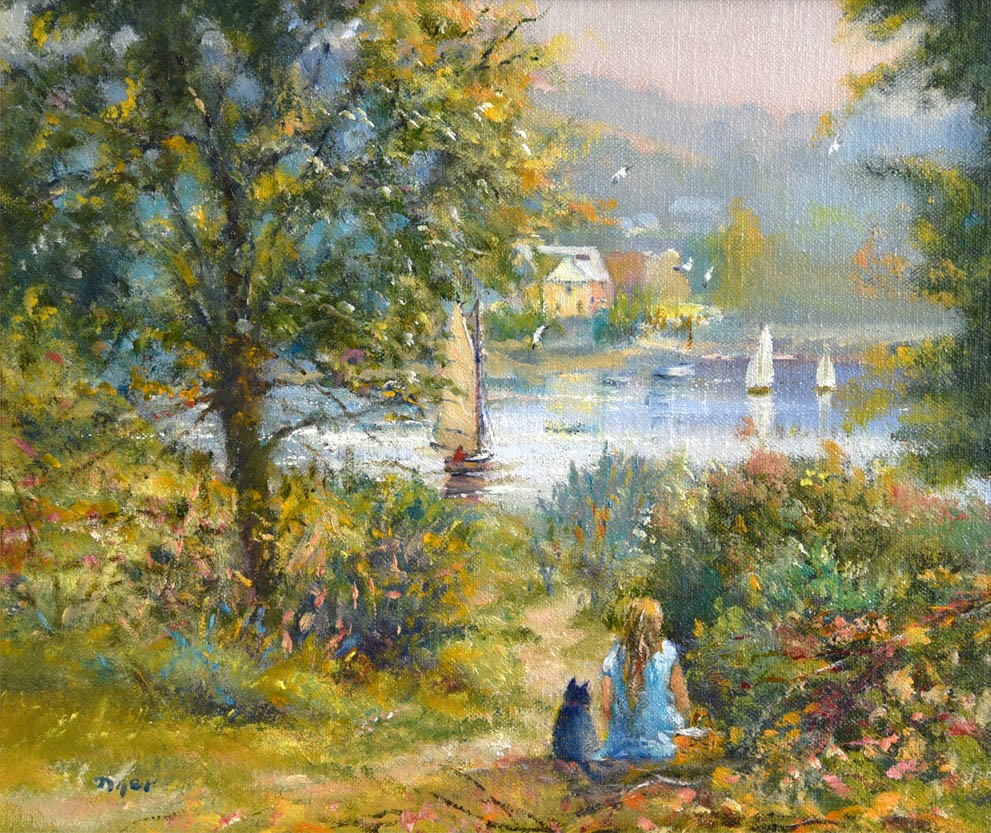 Original Painting by Ted Dyer. Watching the Boats with Charlie, Helford Passage. Ted Dyer