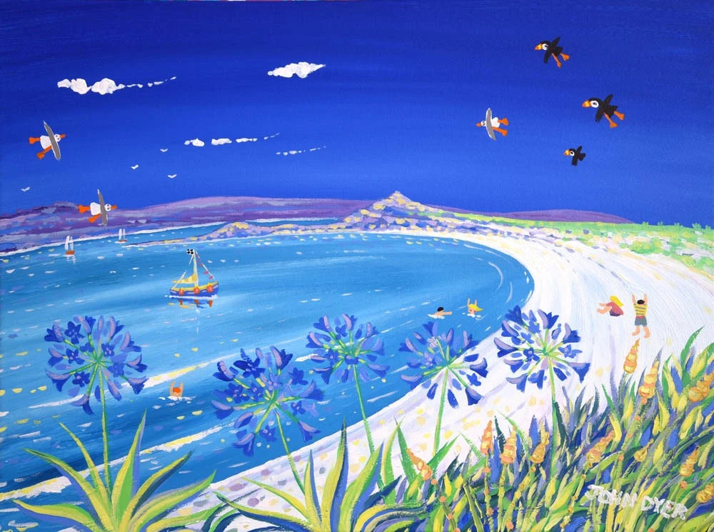 Signed Limited Edition Print by Cornish Artist John Dyer. 'Blue Sky, Pentle Bay, Tresco'. Cornwall Art Gallery Beach Print John Dyer