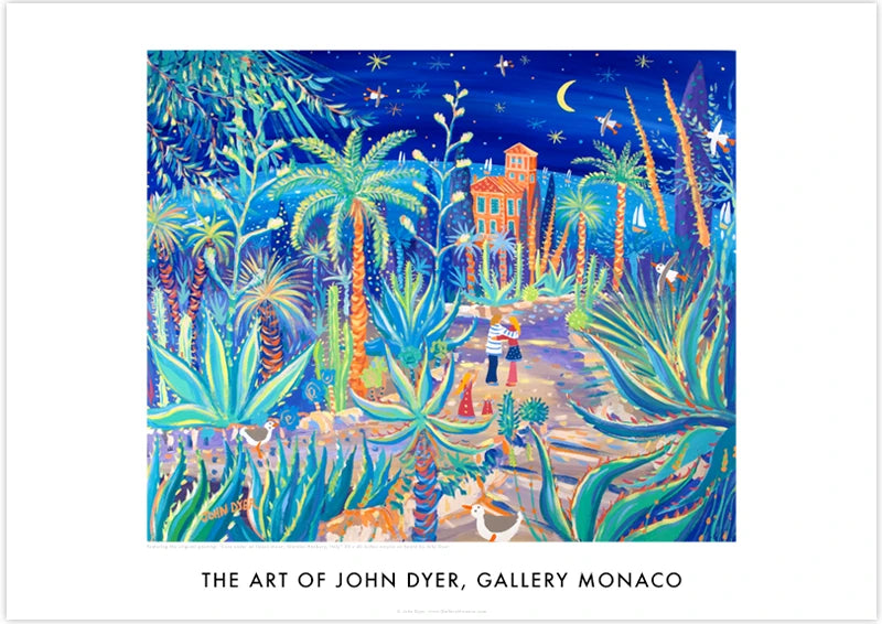John Dyer Art Poster Print. Gallery Monaco Range. Love under an Italian Moon, Giardini Hanbury Garden, Italy John Dyer
