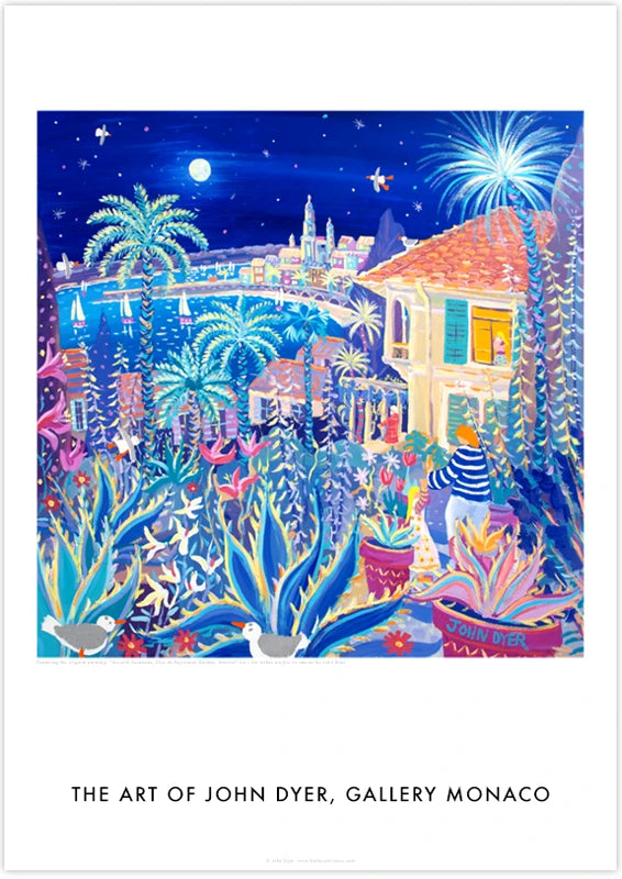 John Dyer Art Poster Print. Gallery Monaco Range. Moonlit Serenade, Clos du Peyronnet Garden, Menton, France John Dyer