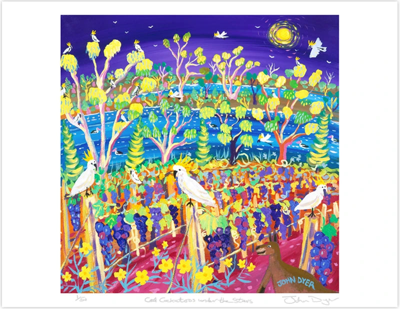 Limited Edition Australian Art Print by John Dyer. Cool Cockatoos under the Hot Sun. Banrock Station Wine Australia. Animal Art Prints John Dyer