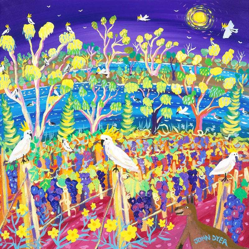 Limited Edition Australian Art Print by John Dyer. Cool Cockatoos under the Hot Sun. Banrock Station Wine Australia. Animal Art Prints John Dyer
