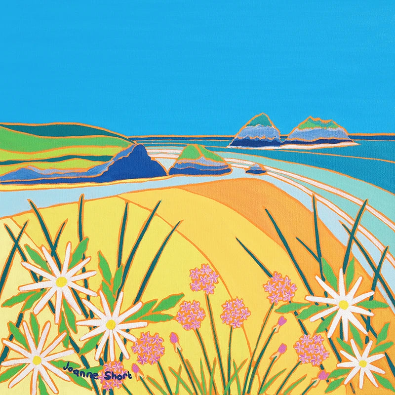 Original Painting by Joanne Short. Sea Pinks and Daisies, Holywell Bay, Cornwall. Joanne Short
