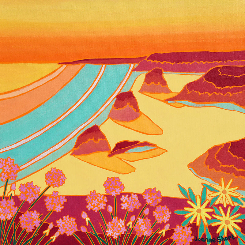 Original Painting by Joanne Short. Summer Sunset, Bedruthan Steps, Cornwall.