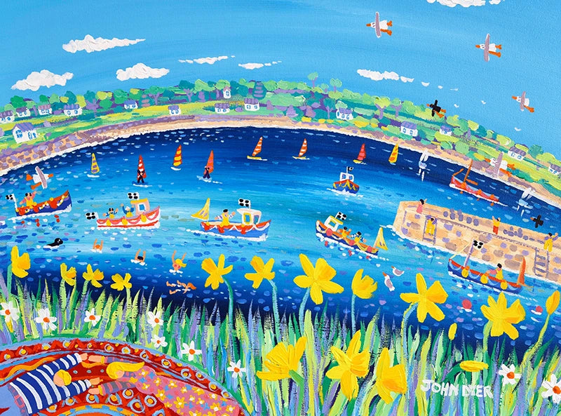 John Dyer Painting. Picnicking in the Daffodils, Coverack, Cornwall. John Dyer